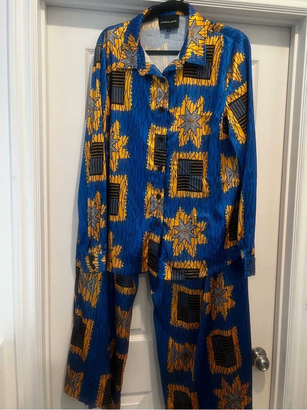 Tribal Blue & Gold Geometric Wide-Leg Jumpsuit - Picture 7 of 7